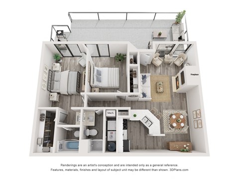 Floor plan for 2 beds, 2 baths, 975 sqft